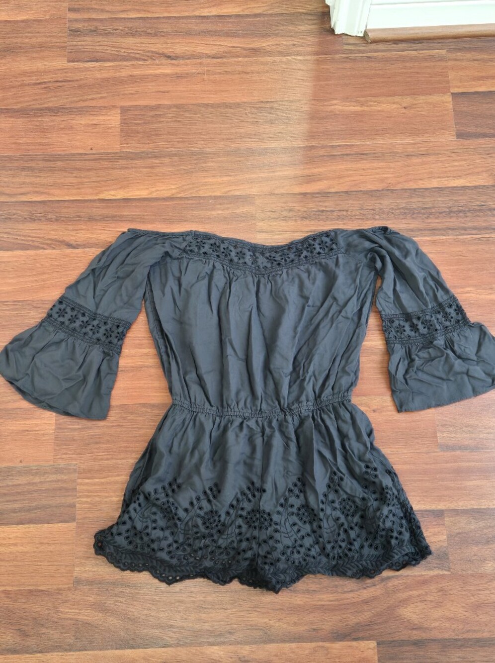 American Eagle Outfitters Black Off-Shoulder Eyelet Romper Medium